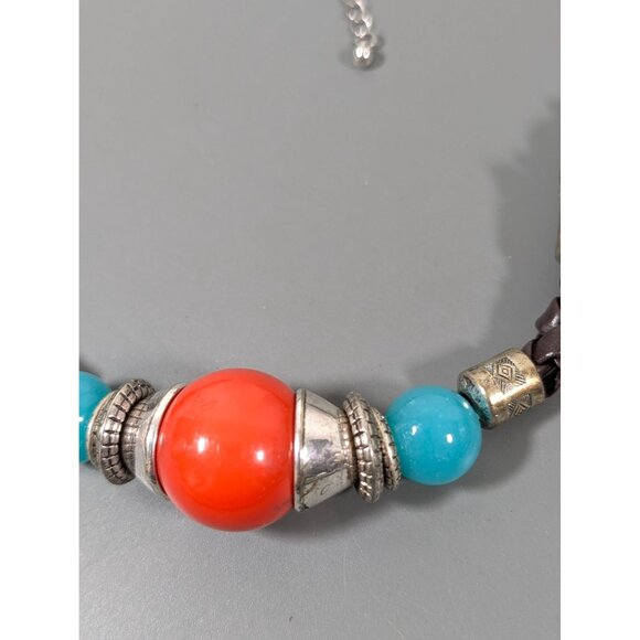 Boho Western Orange Blue Bead Braided Cord Necklace Statement Bold 21" - Picture 3 of 8